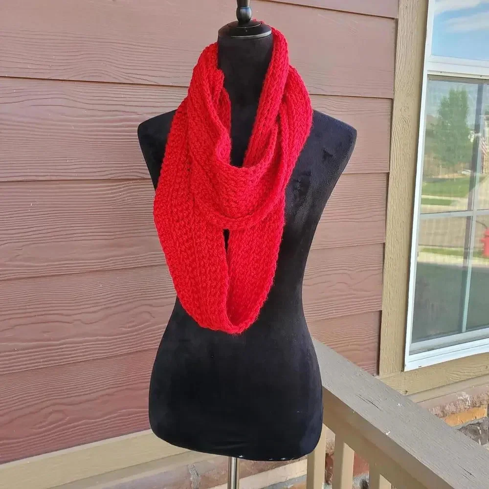 Handmade Crocheted Red Women's Winter Infinity Scarf